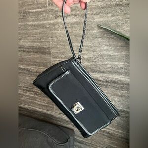 Cole Haan Black Leather Trim Wristlet Clutch Silver Lift Lock Nylon Mini Bag 9”